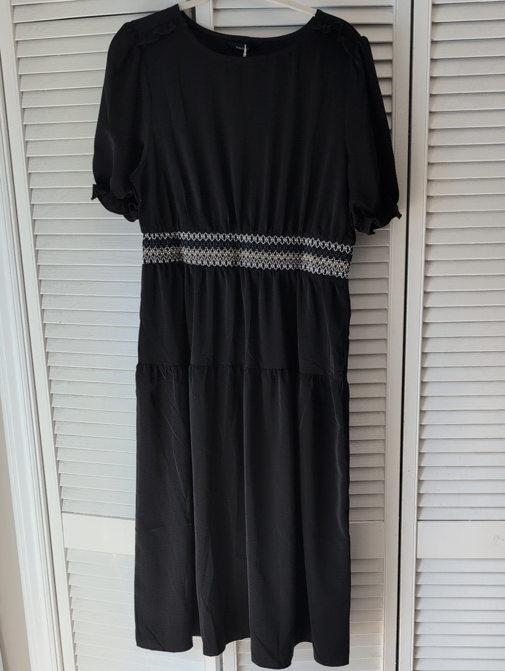 Smocked-Waist Black Midi Dress with Puff Sleeves
